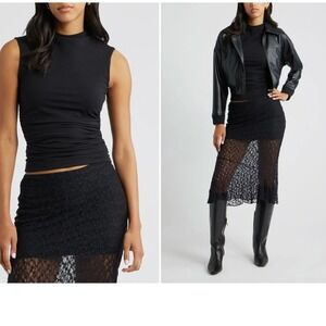 Open Edit Ruched Mock Neck Tank Black XXS NWT